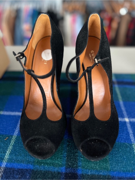Gucci Shoes - Gucci Black Suede T-Strap Peep-Toe Pumps